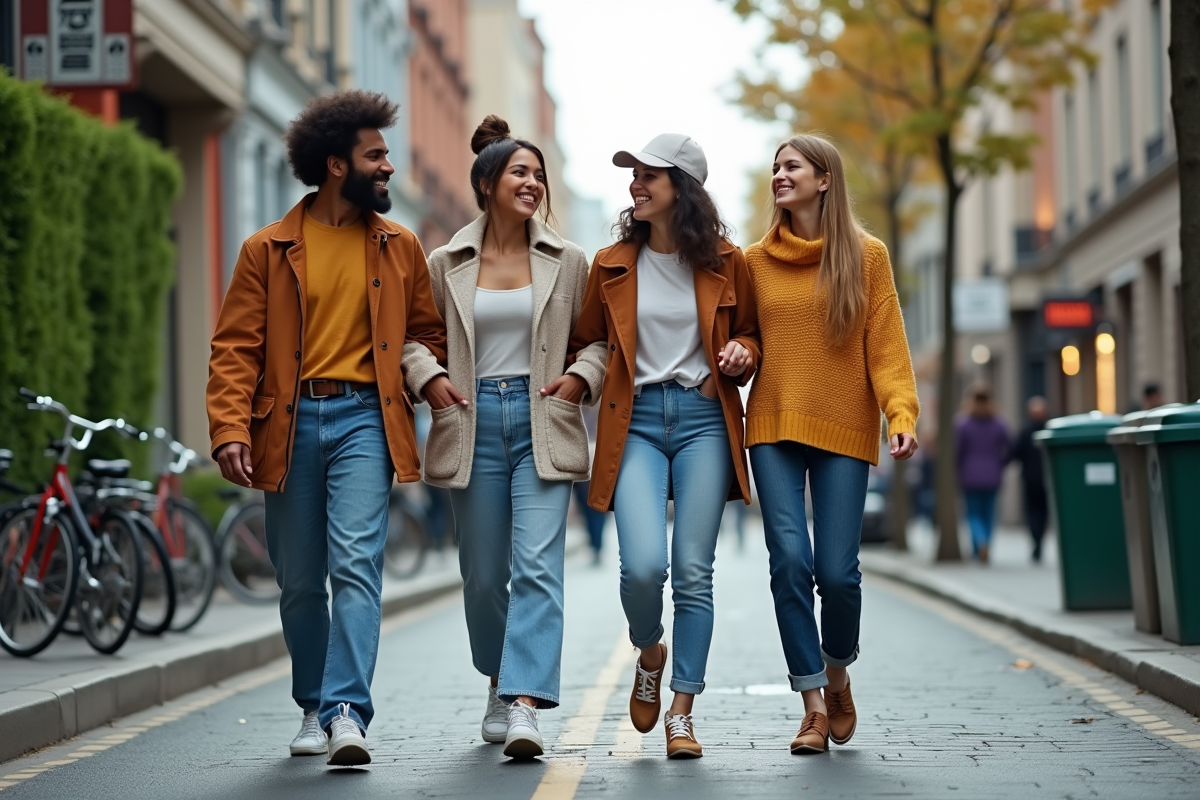 Groupe de quatre personnes en vêtements durables en ville