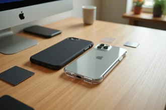Différentes coques iPhone posées sur un bureau en bois, symbolisant les choix à faire avant d'acheter une coque pour iPhone 14 Plus