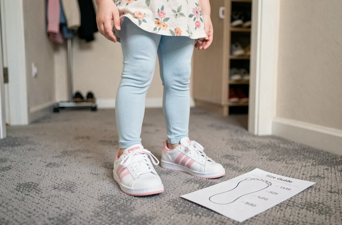 Petite fille utilisant un guide des tailles pour choisir ses chaussures Adidas à la maison