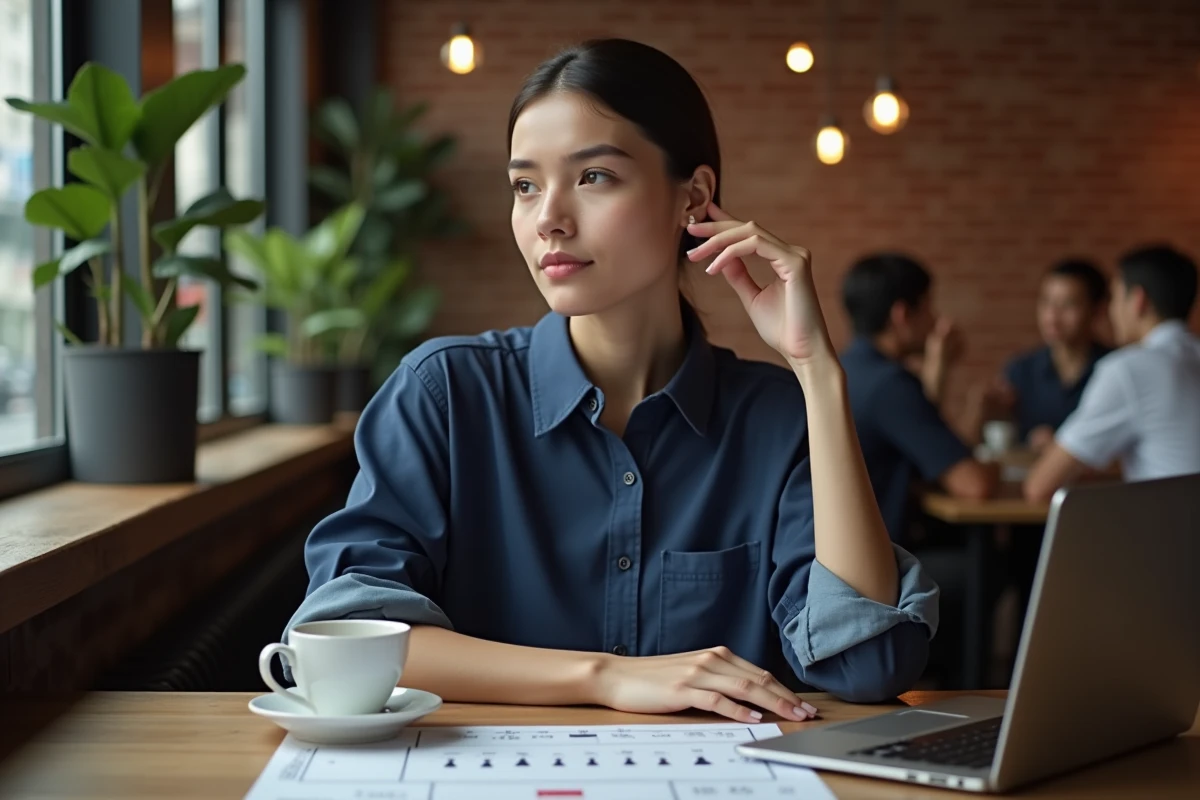 Femme portant une chemise Uniqlo bleue marine en consultant un guide des tailles dans un café urbain