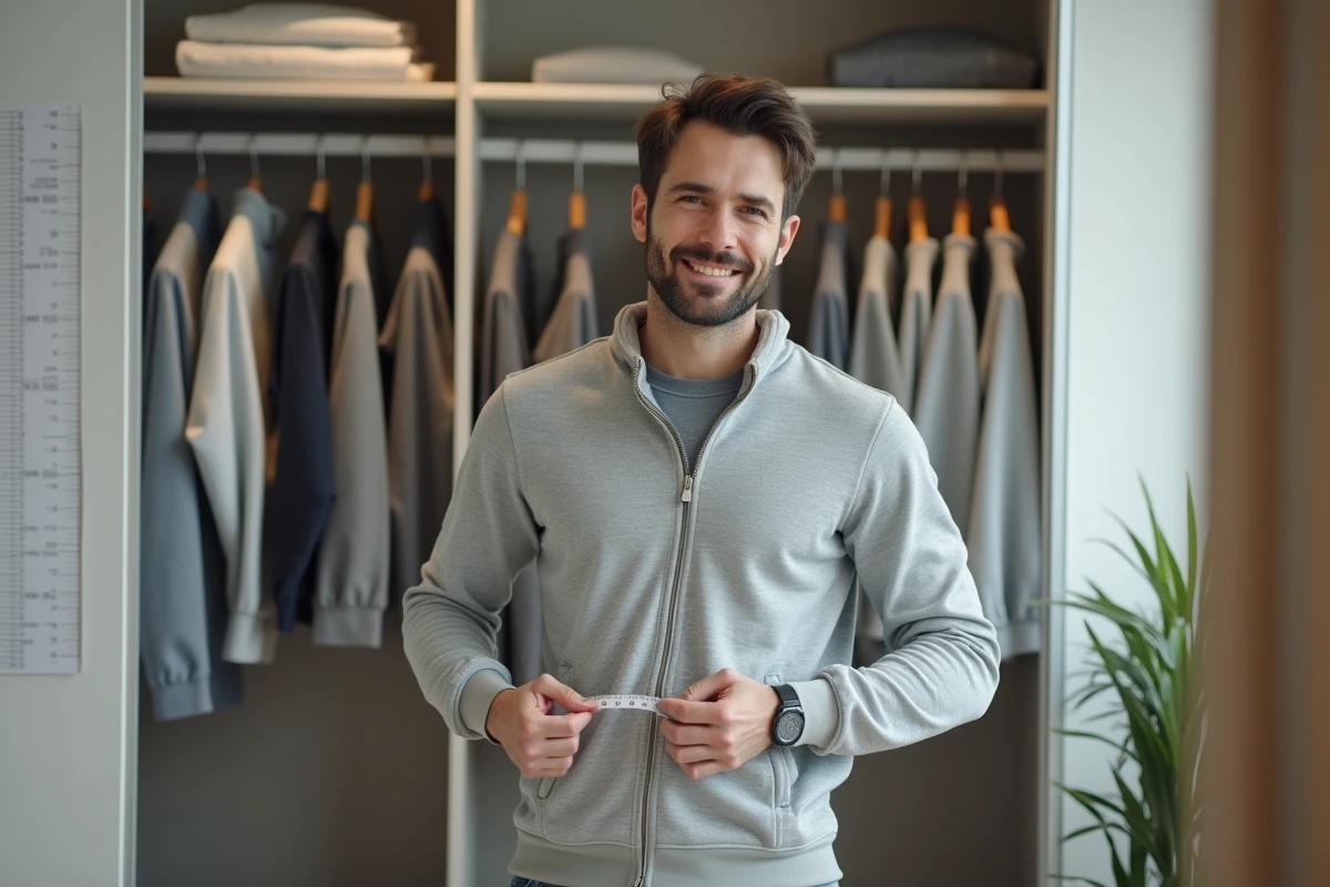 Homme mesurant sa taille pour un sweat Uniqlo à fermeture éclair dans un dressing moderne avec un guide des tailles