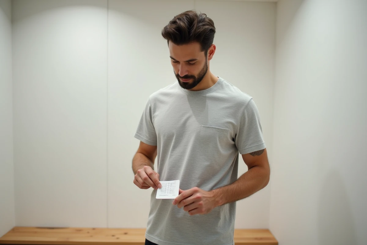 Homme essayant un tee-shirt Uniqlo gris en consultant le guide des tailles dans une cabine d'essayage minimaliste