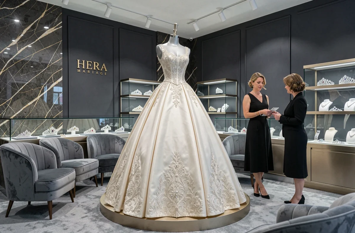 Robe de bal somptueuse exposée dans le cadre luxueux de la boutique Hera Mariage