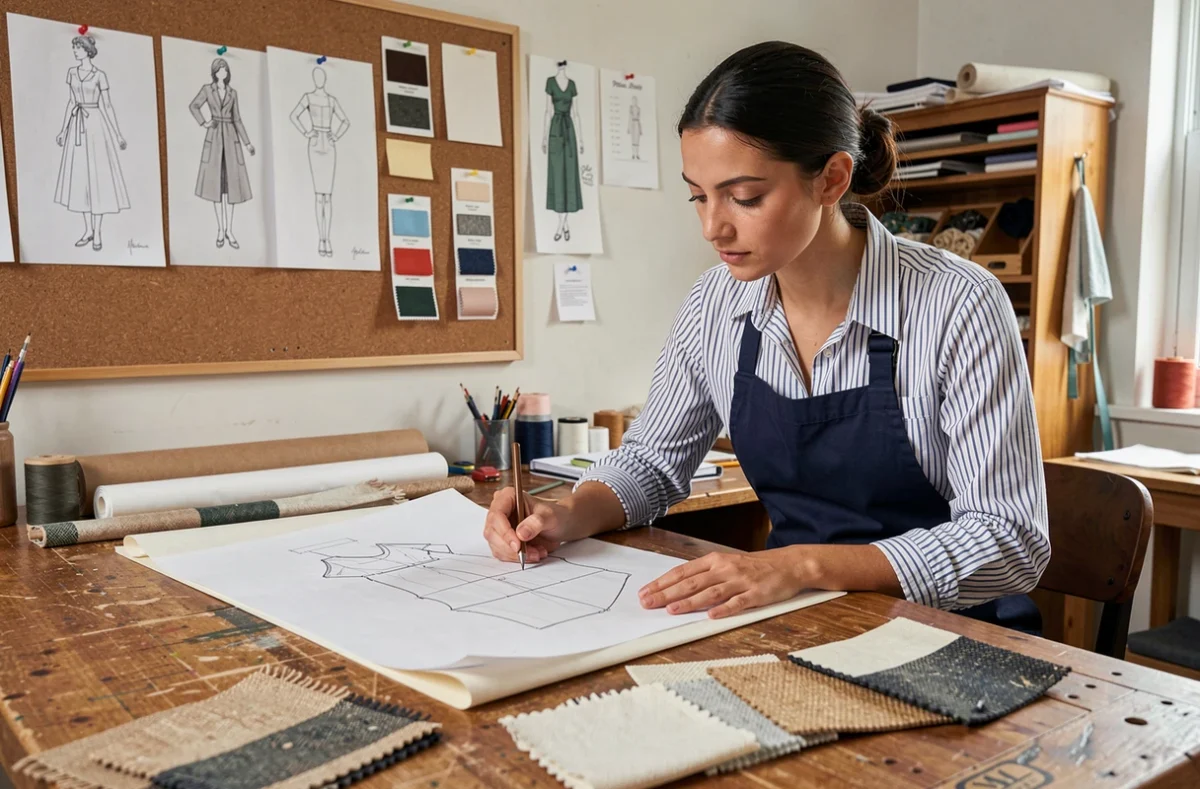 Une modéliste travaille des patrons sur une table de couture