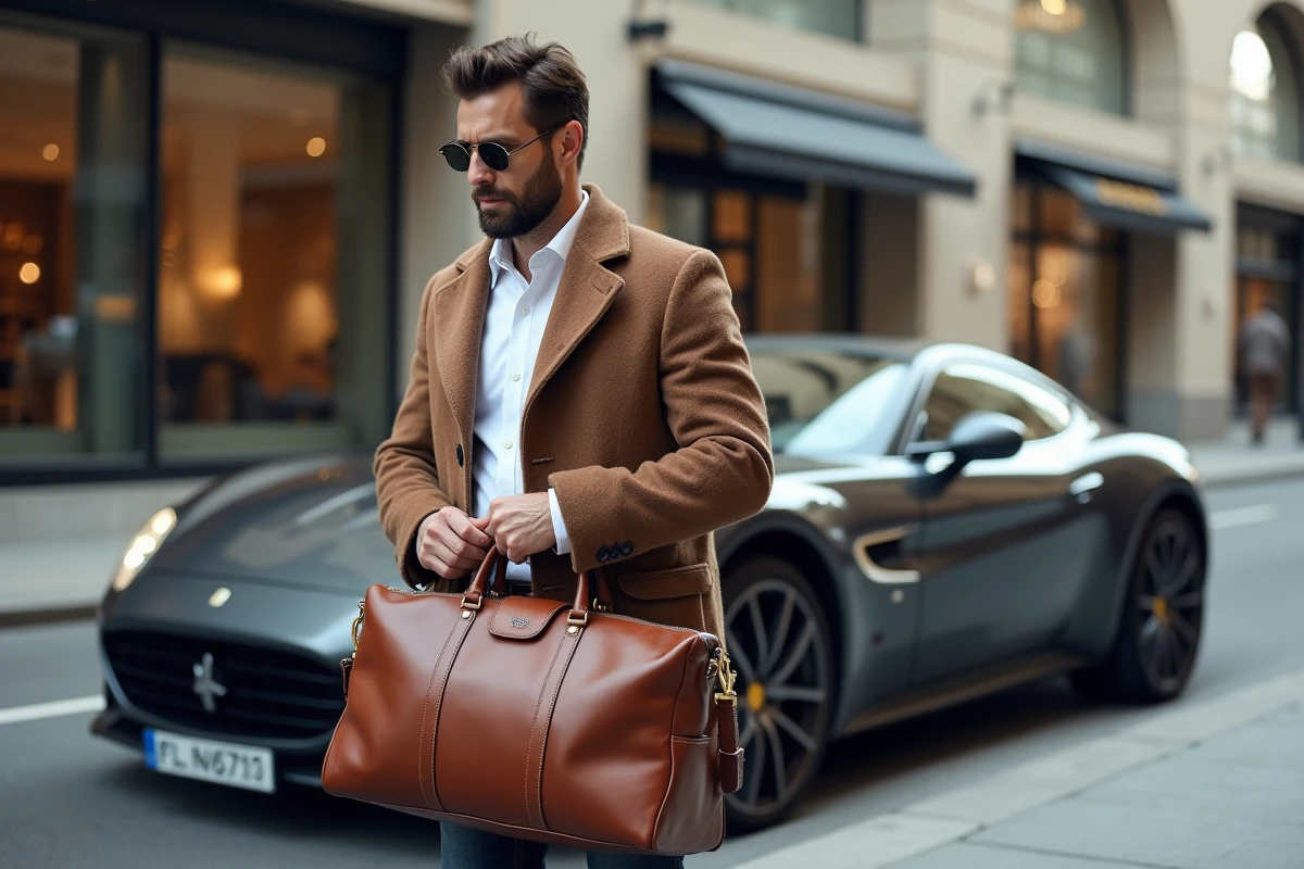 Homme d affaires avec sac en cuir et voiture de luxe