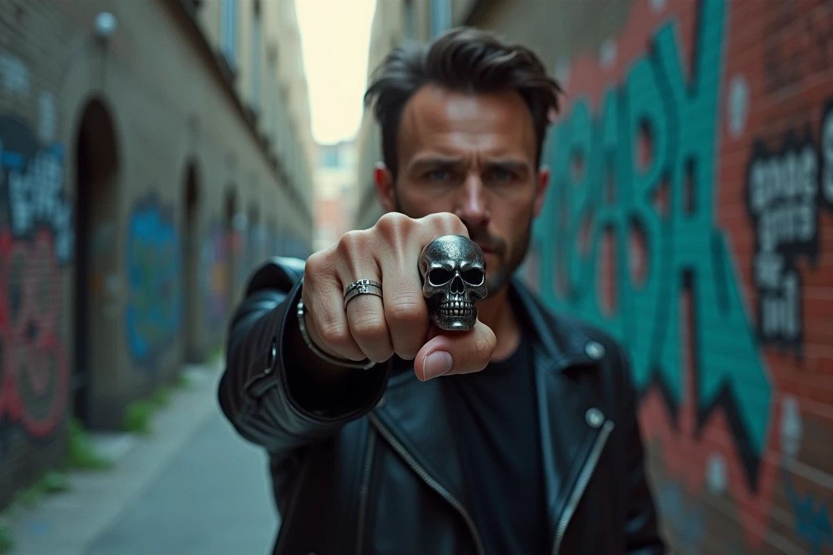 Homme en veste de cuir noir portant une bague tête de mort gothique dans une ruelle urbaine avec mur de graffitis
