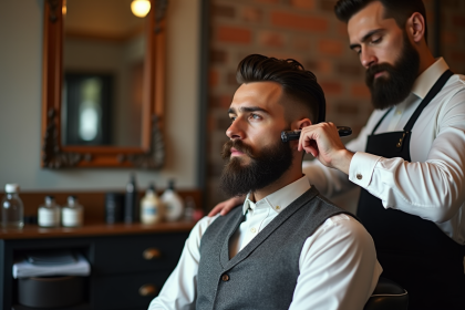 Homme élégant en salon de coiffure avec barbier professionnel
