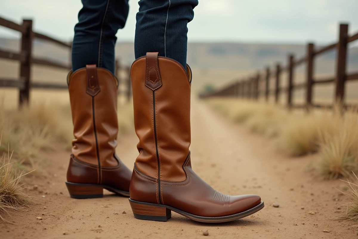 Homme portant des bottes cowboy caramel avec jean foncé dans un décor de ranch en extérieur