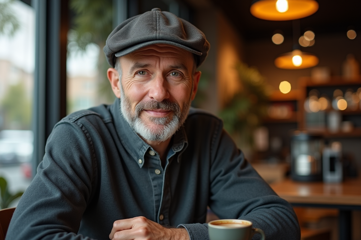 Homme mature détendu dans un café moderne avec casquette