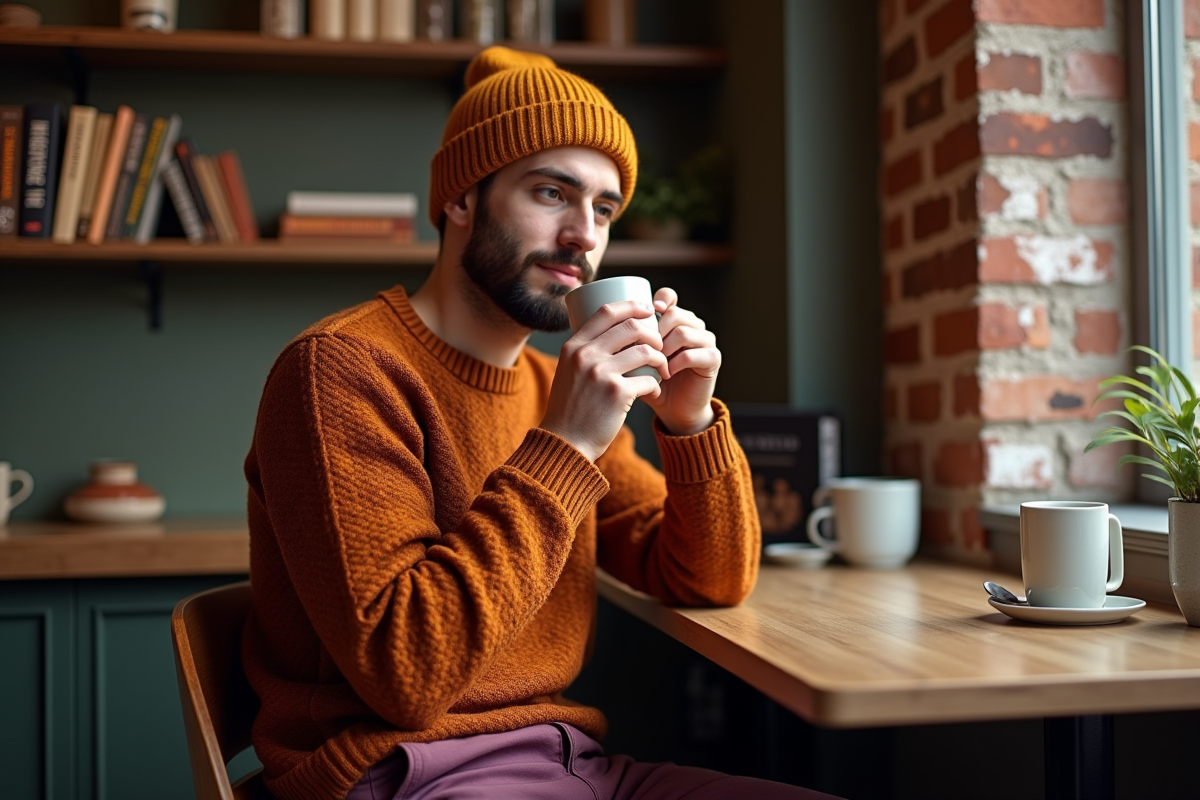 Jeune homme au café en ambiance automne hiver