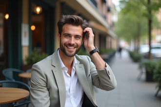 Homme élégant dans un café urbain en style décontracté