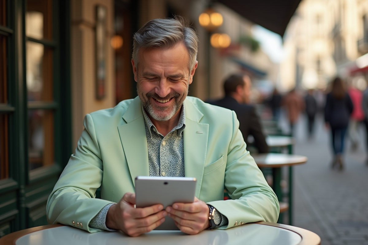 Homme souriant sirotant un café en ville avec palette digitale
