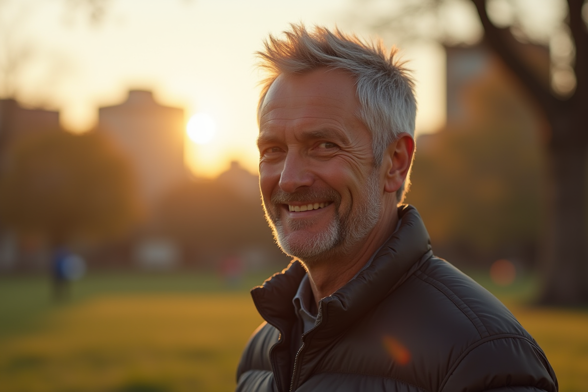 Homme confiant avec cheveux poivre et sel dans un parc ensoleille