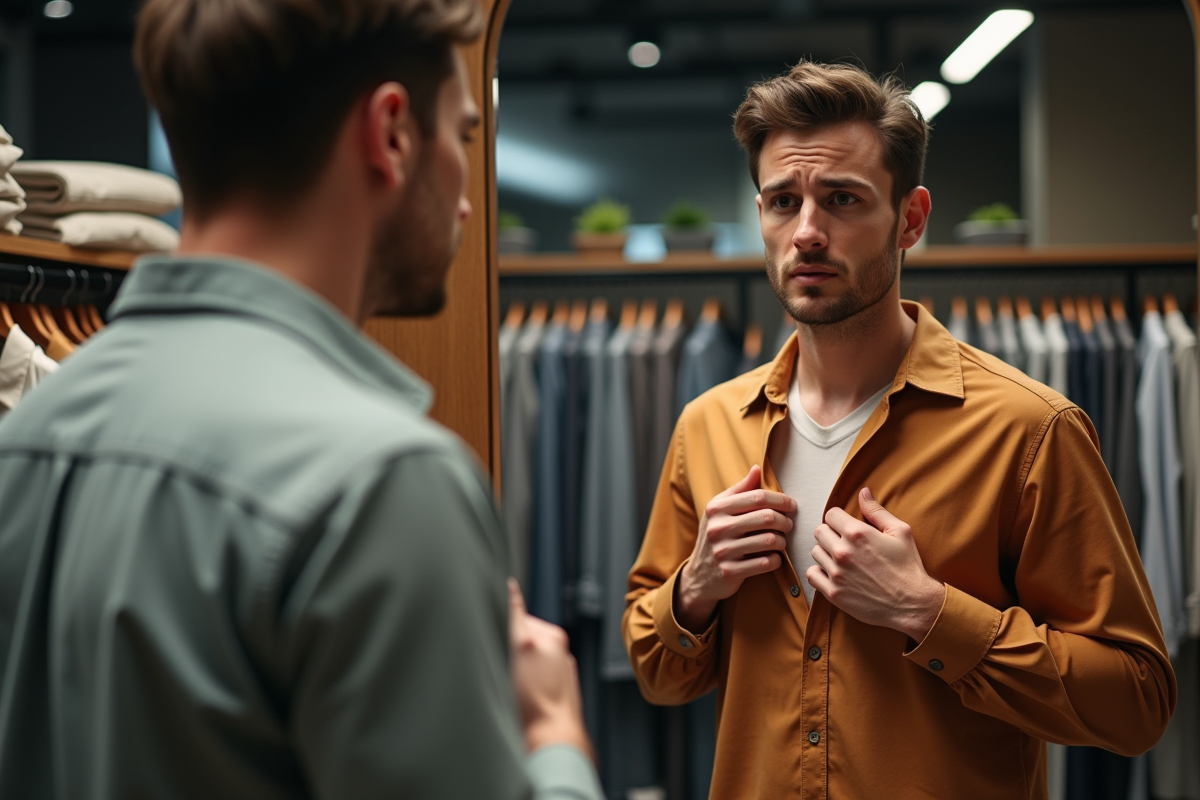 Jeune homme essayant deux chemises dans un magasin de mode