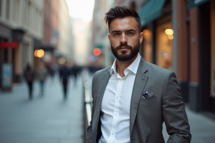 Homme confiant en ville avec barbe soignée