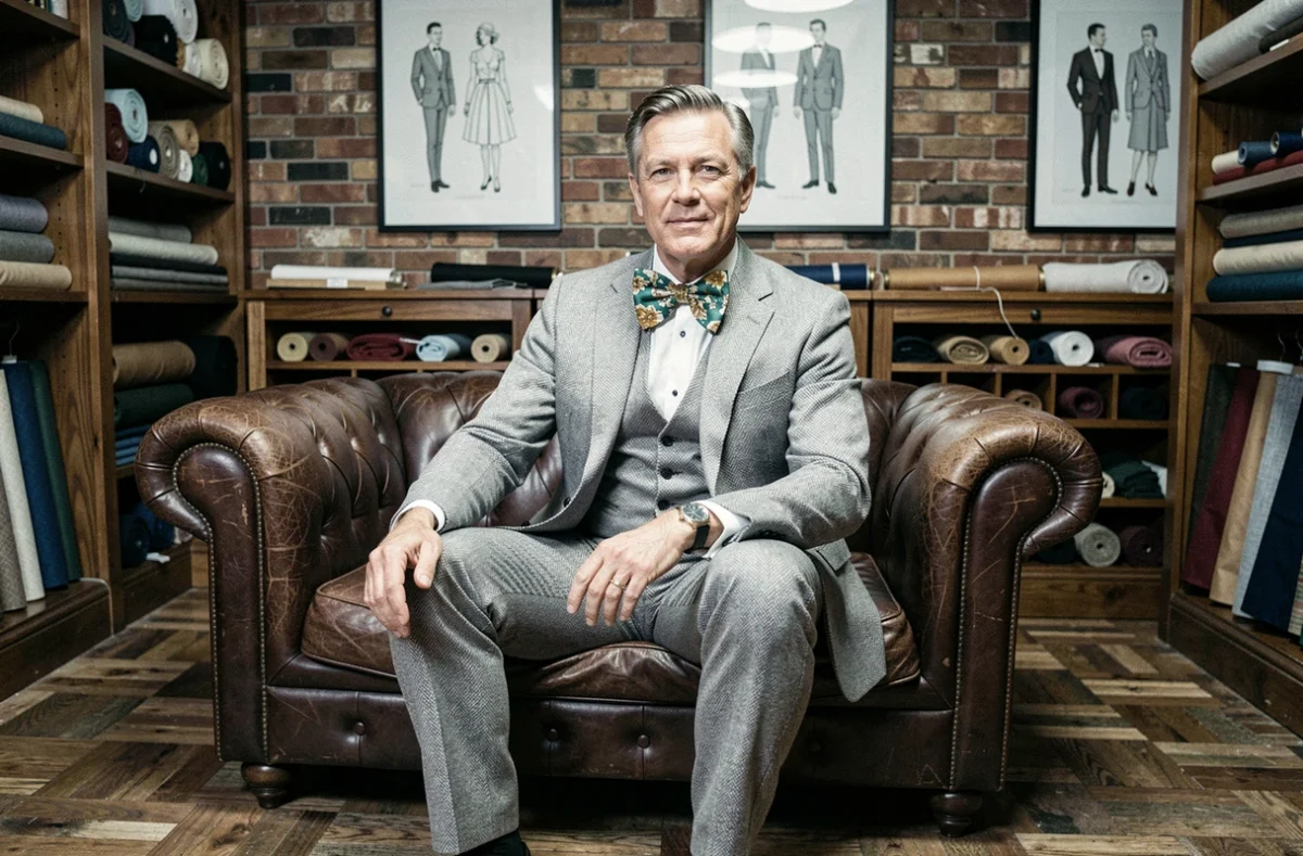 Homme en costume gris à chevrons avec nœud papillon fleuri assis dans une boutique de tailleur vintage
