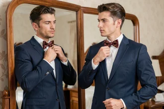 Homme en costume bleu marine ajustant un nœud papillon géométrique bordeaux et or devant un miroir