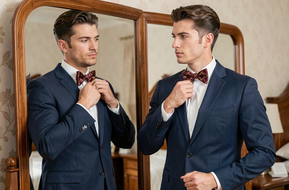 Homme en costume bleu marine ajustant un nœud papillon géométrique bordeaux et or devant un miroir