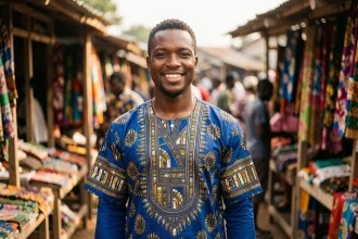 Homme élégant portant un dashiki bleu et doré dans un marché africain coloré, tendance mode wax 2026