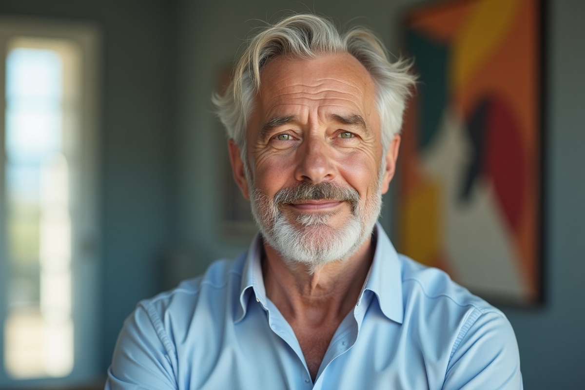 Homme élégant en chemise bleue avec art moderne en fond