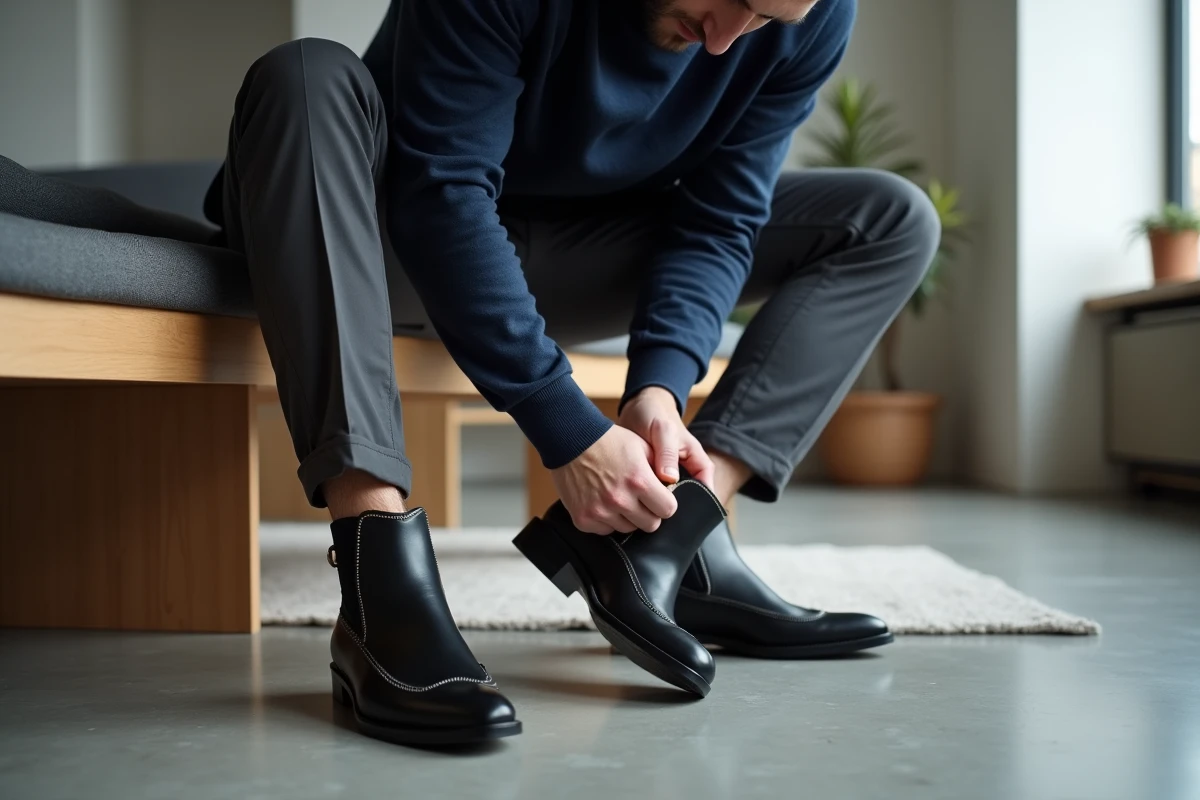 Homme assis essayant des santiags noires à bout pointu avec surpiqûres dans un appartement moderne minimaliste