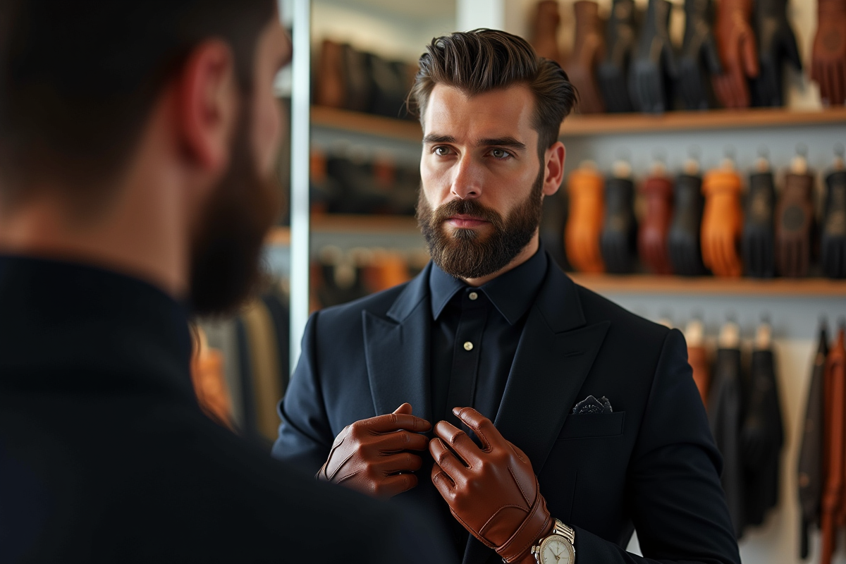 Homme essayant des gants en cuir dans un magasin moderne