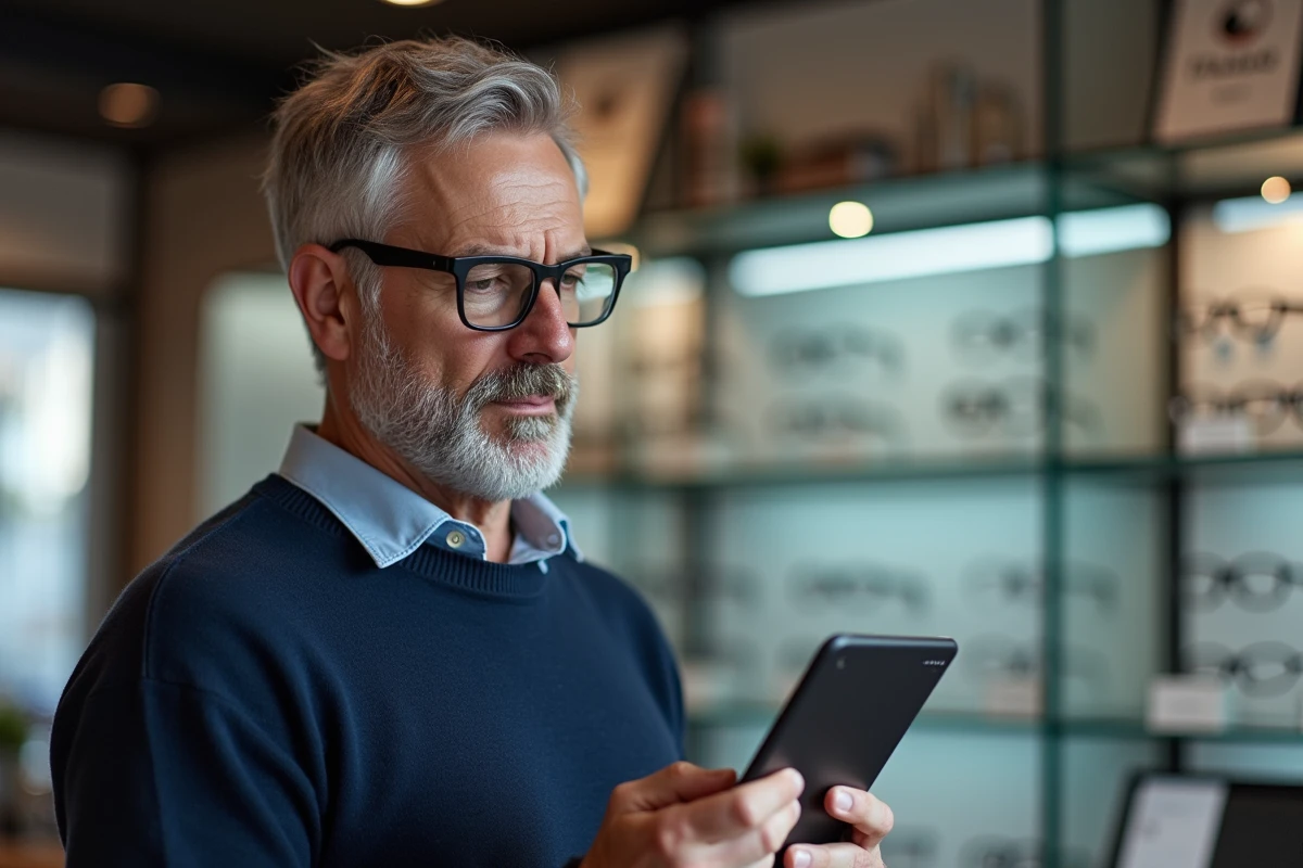 Homme essayant des lunettes dans une boutique moderne