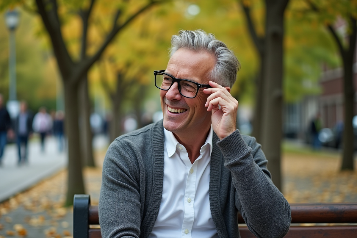 Homme riant en ajustant ses lunettes dans un parc urbain