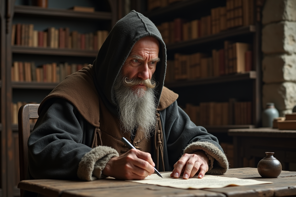 Homme medieval ecrivant avec plume dans scriptorium
