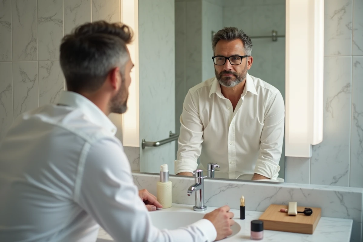 Homme se sechait le visage dans la salle de bain