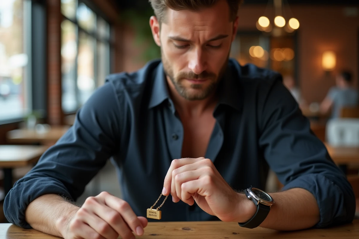 Homme tenant un pendentif en or gravé d'une date dans un café, style éditorial naturel
