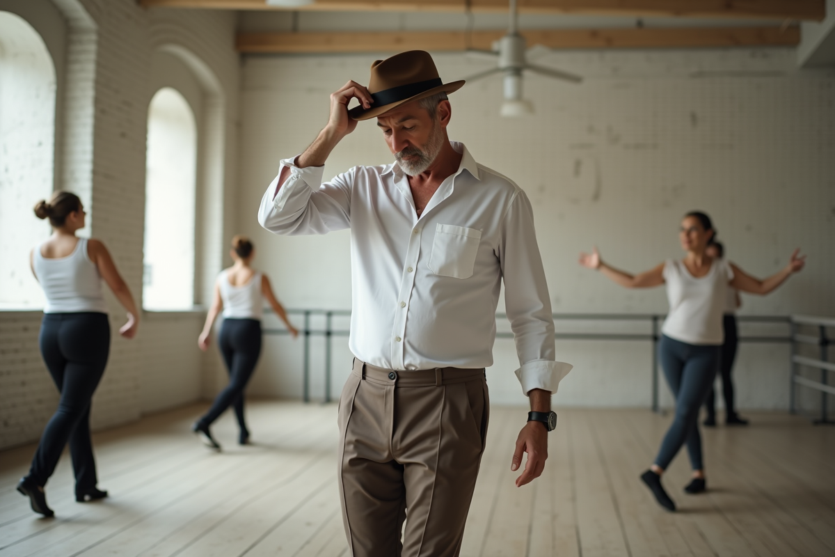 Homme en répétition ajustant son fedora dans une salle de danse