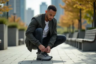 Homme en jeans et bomber nouant ses sneakers urbaines