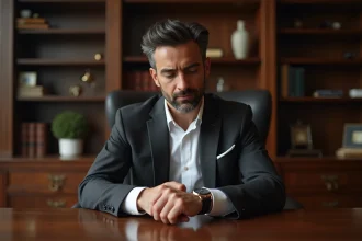 Homme élégant en costume vérifiant l'heure avec un montre