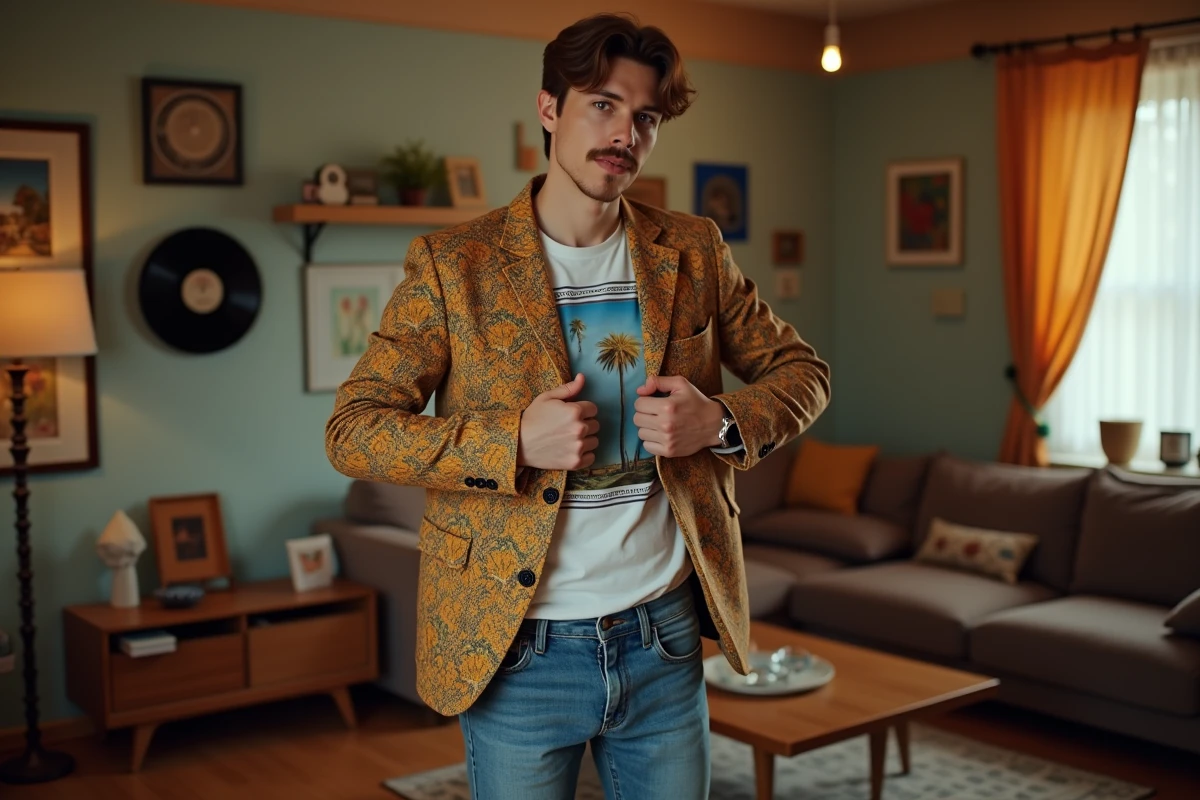 Homme en blazer coloré dans un salon vintage