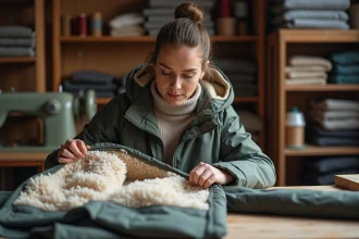 Femme examinant la doublure sherpa d'une veste en cours de confection dans un atelier de couture