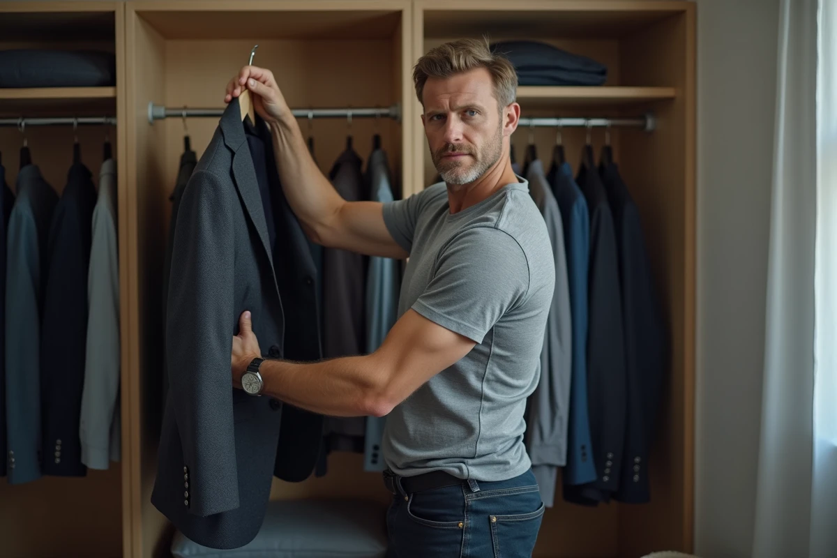 Homme inspectant une veste de costume avant de la confier à un pressing, debout devant son armoire ouverte dans sa chambre