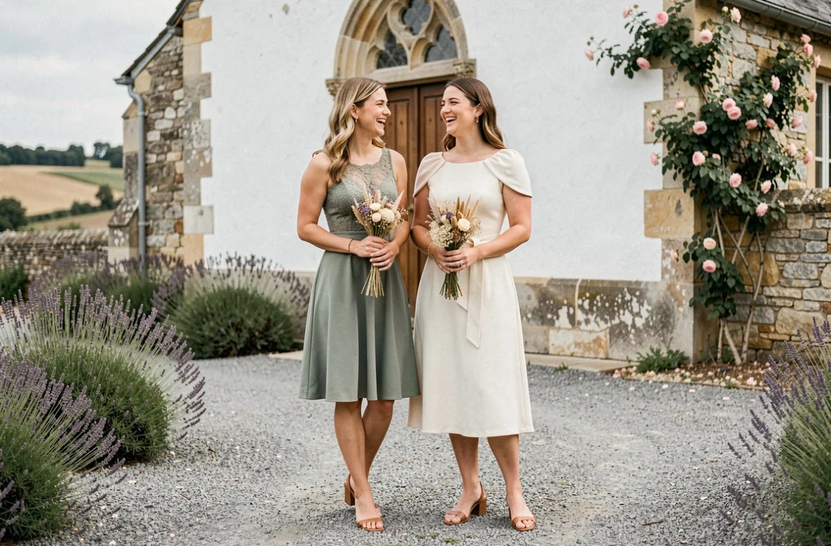 Deux invitées de mariage portant des robes courtes élégantes et couvrantes devant une chapelle blanche en Provence, tenues adaptées à un mariage religieux