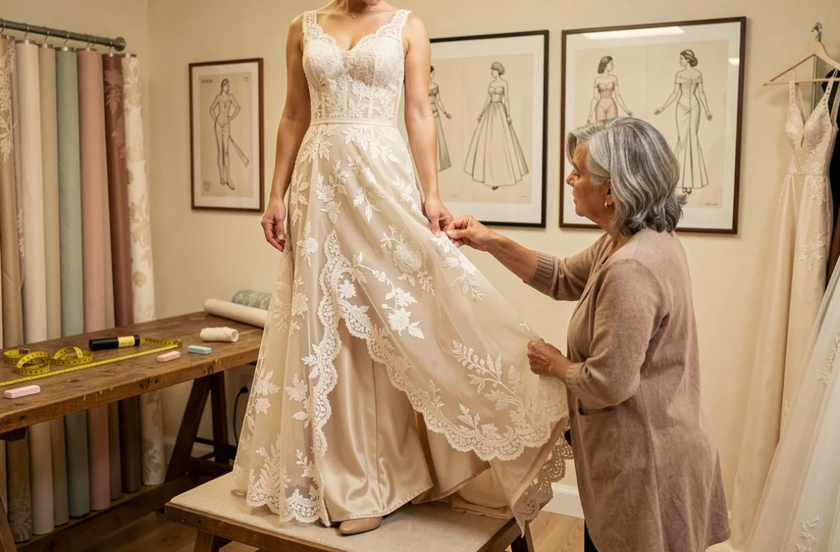 Couturière ajustant une robe en dentelle sur une cliente dans l'atelier Irène Accord Mariage