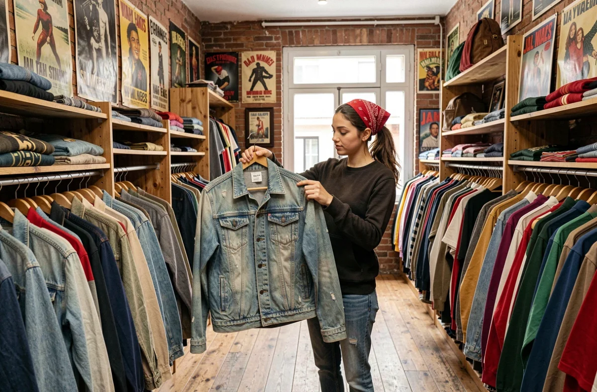Jeune femme inspectant une veste en denim vintage dans le JAM Vintage Store à Marseille