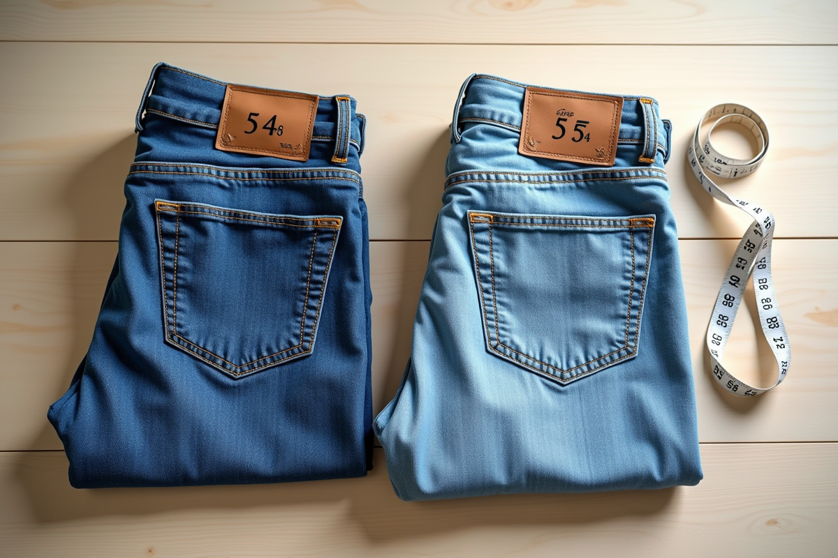 Deux jeans bleus taille 54 et 56 pliés sur une table en bois clair