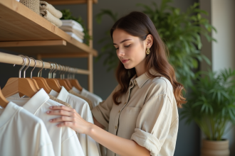 Jeune femme inspectant des t-shirts bio en boutique écologique