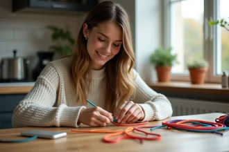 Jeune femme créant un bracelet en paracord dans la cuisine