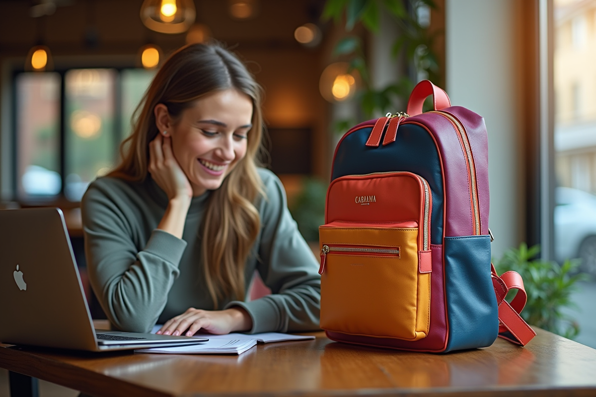 Jeune femme dans un cafe avec sac cabia ouvert