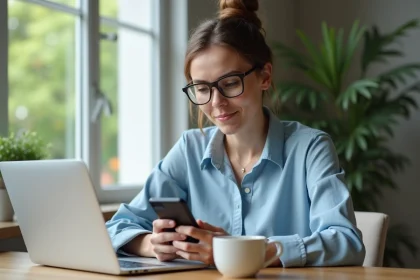 Jeune femme testant des lunettes virtuelles avec smartphone