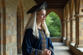 Jeune femme medievale en surcot bleu dans cloître