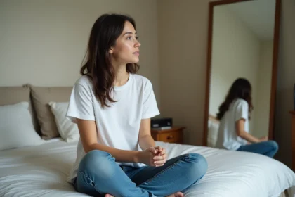 Jeune femme regardant son reflet dans un miroir dans une chambre calme