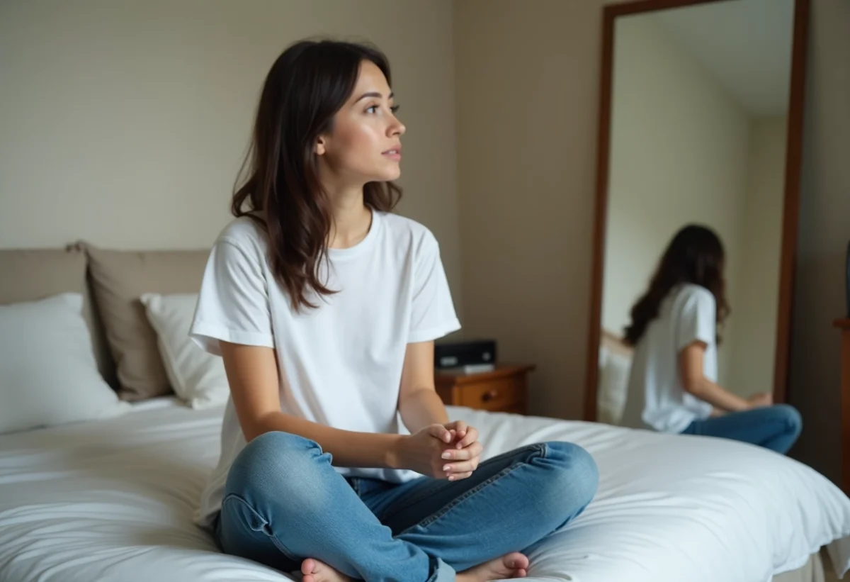 Jeune femme regardant son reflet dans un miroir dans une chambre calme