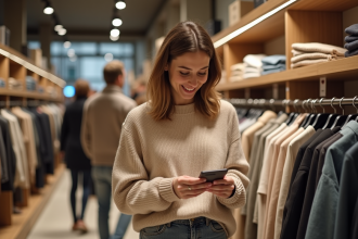 Jeune femme souriante dans une boutique française lors du Black Friday