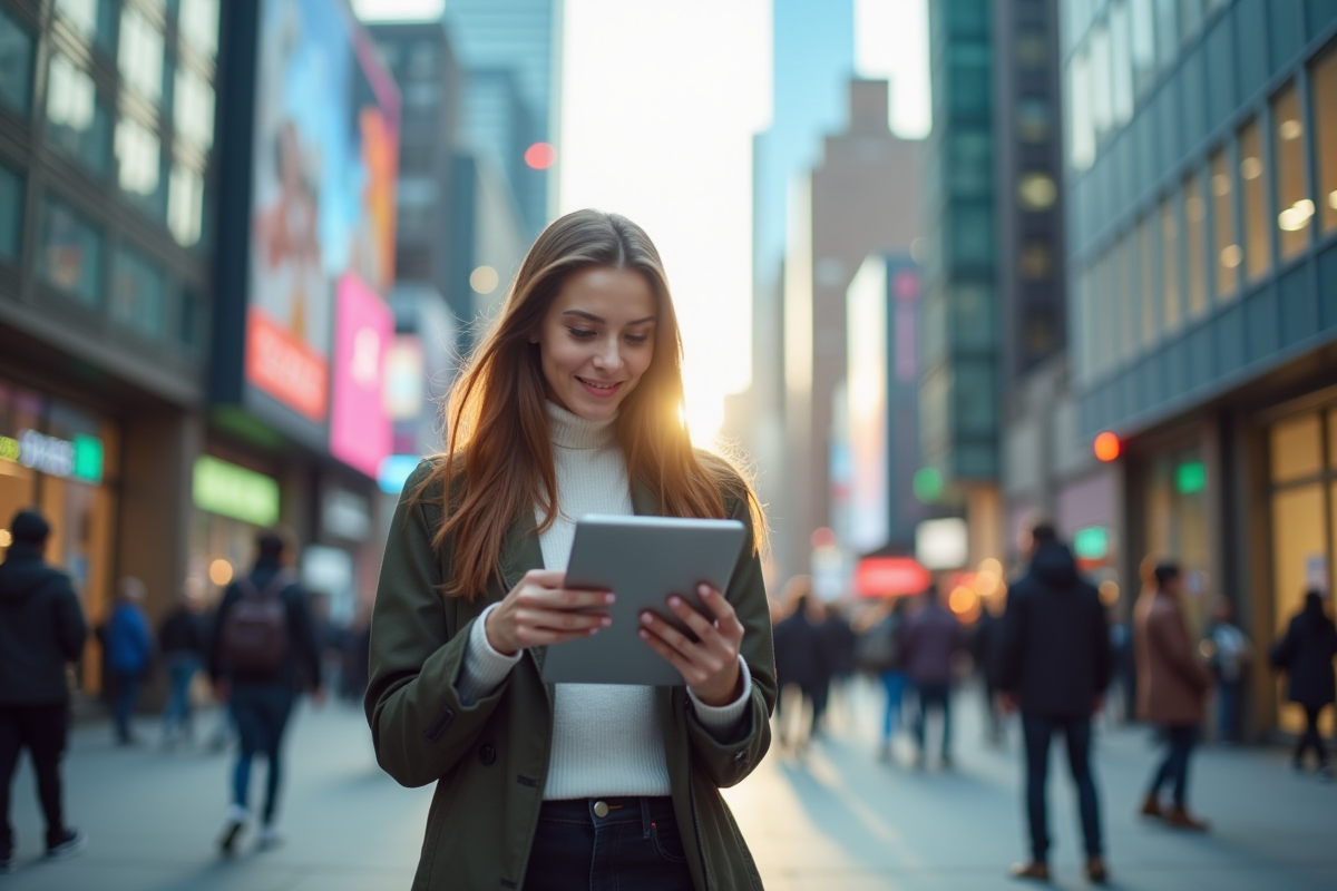 Jeune femme avec une tablette en ville analysant les réseaux sociaux